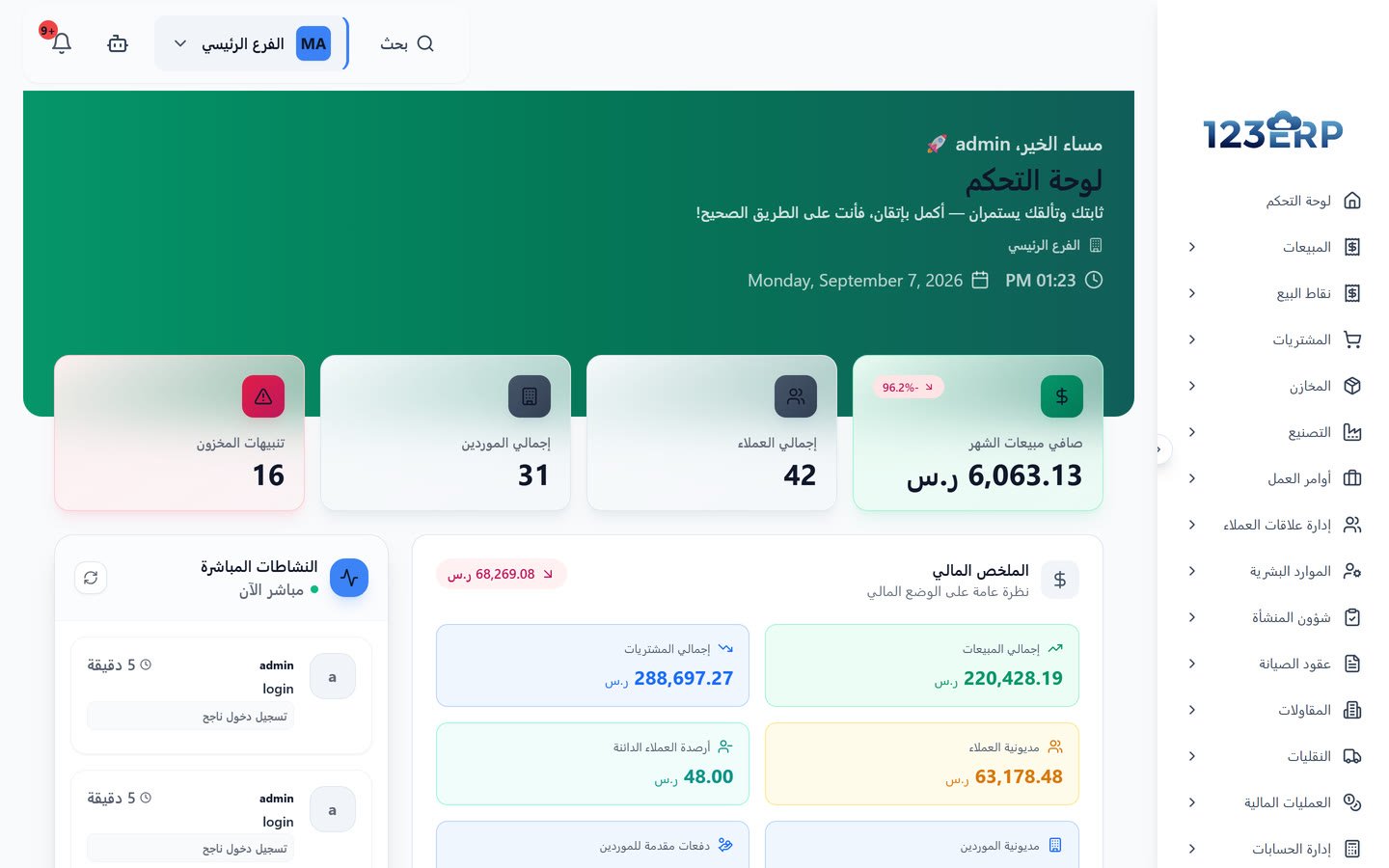 لوحة التحكم في 123ERP مع قائمة أقسام النظام: المبيعات والمشتريات والمخازن والتصنيع والموارد البشرية والمقاولات والحسابات